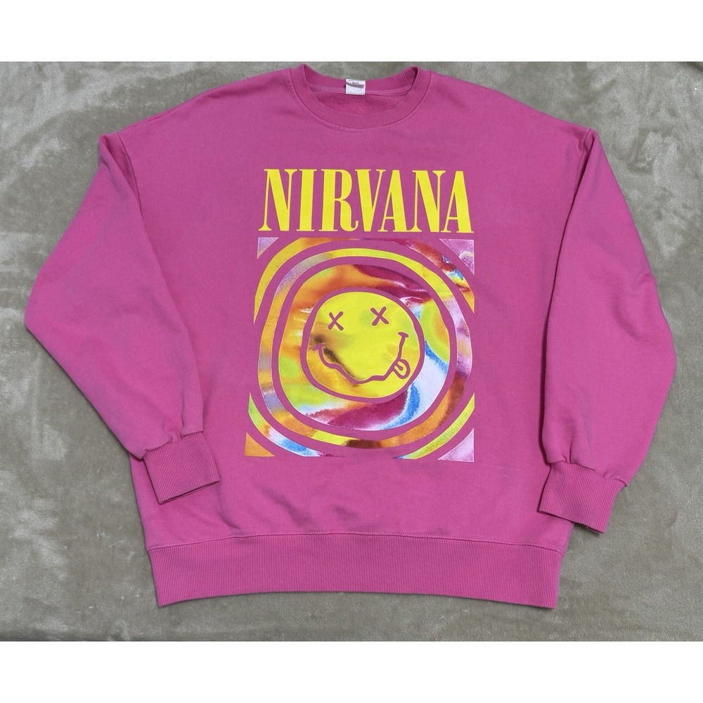Hot Pink Nirvana Smiley Sweatshirt 90s Y2K Gift For Her Merch Grudge Rock Retro